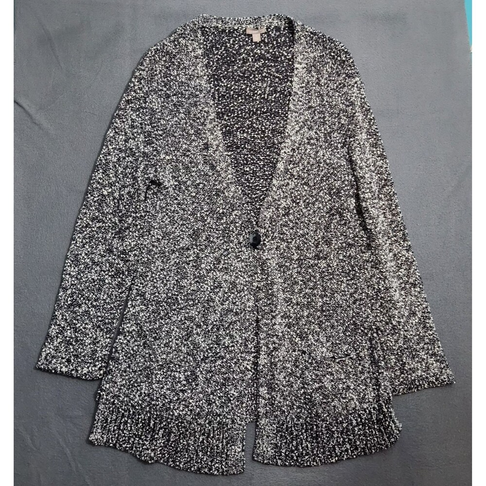 J. Jill Women M Marbled Black White Open Knit One Button Sweater Cardigan